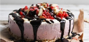Cashew Strawberry Cream Cake with Carob Drizzle Lrg