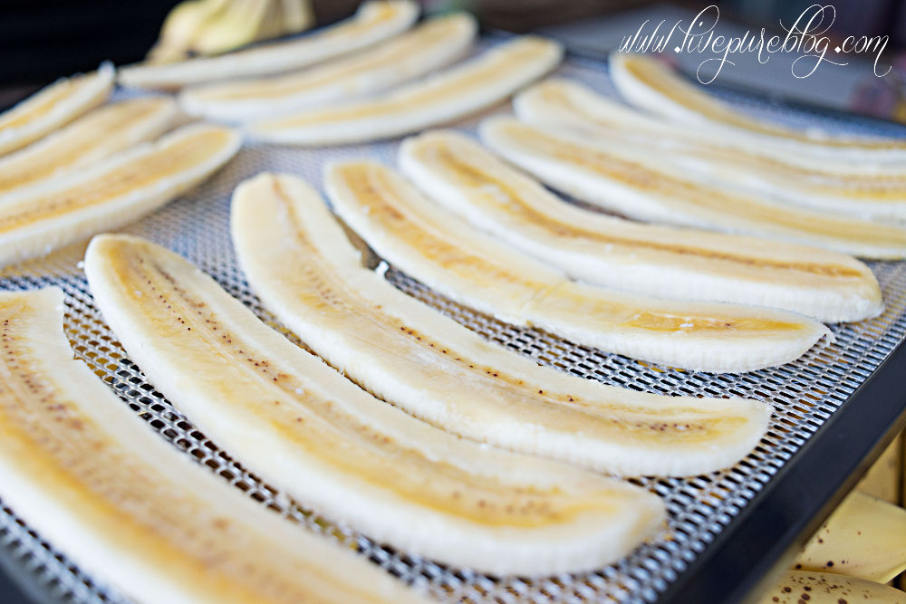 Slice bananas into thirds (I sliced them right on the banana lines, which I found works perfect!)  Place them on the dehydrator trays.